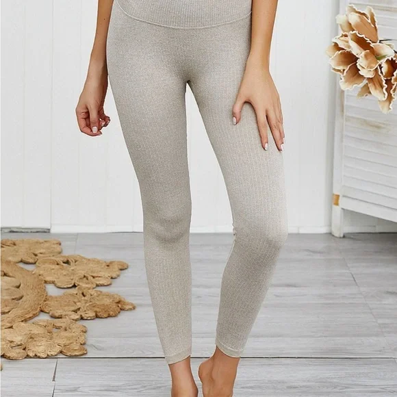 Beige Ribbed High Waist Leggings Cropped Style - Picture 2 of 3